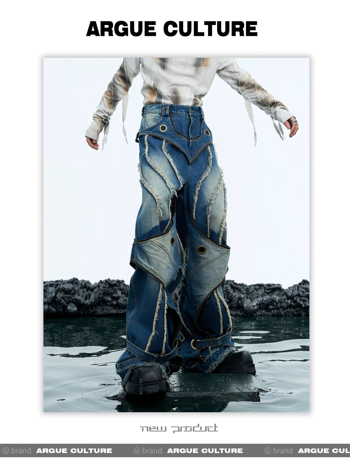 Deconstructed Raw-Edge Wide-Leg Denim Jeans - detail image 8