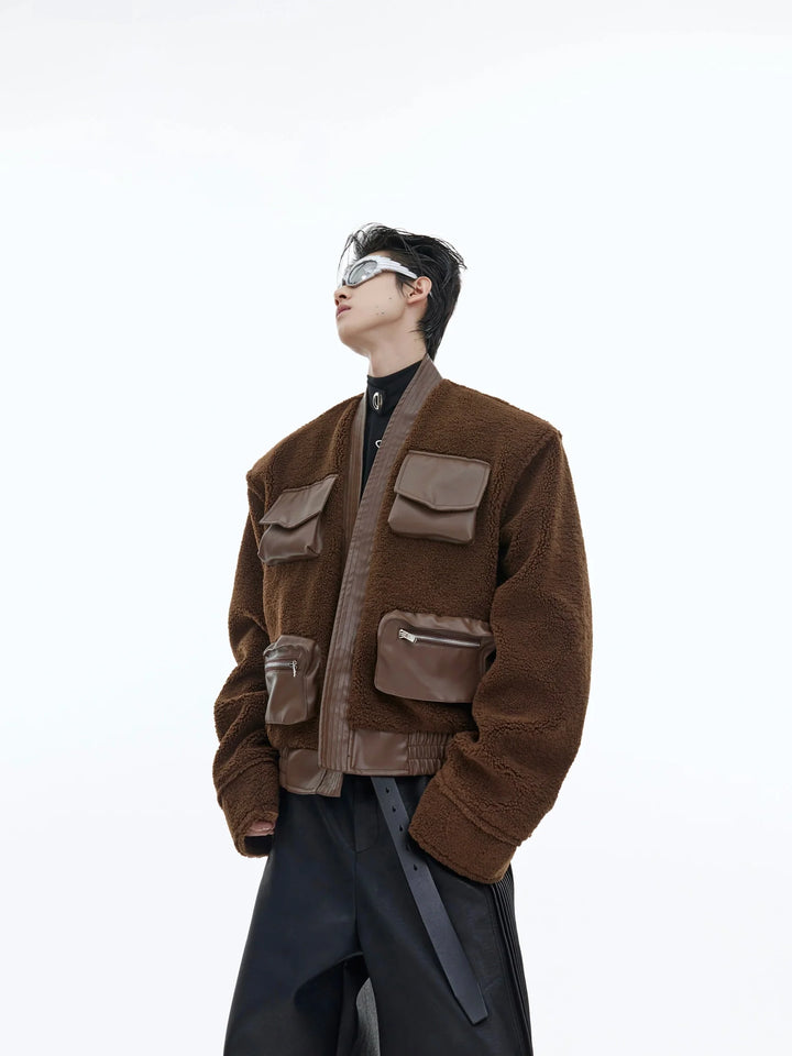 Deconstructed Retro Sherpa Jacket | Chinese Collar Woolen Cardigan with 3D Pockets - ArguE CulturE