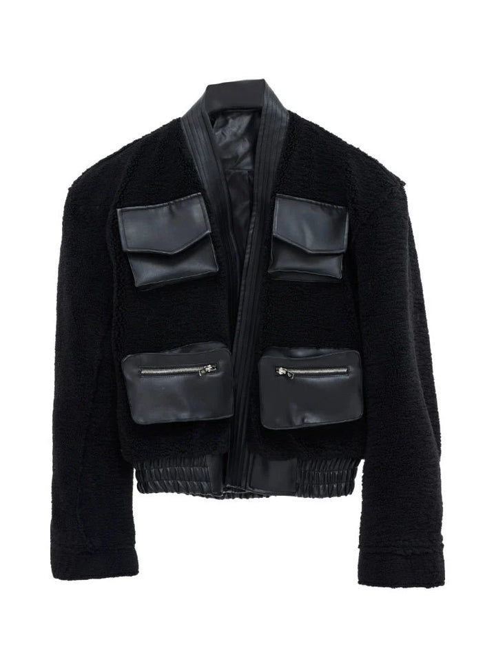 Deconstructed Retro Sherpa Jacket | Chinese Collar Woolen Cardigan with 3D Pockets - ArguE CulturE