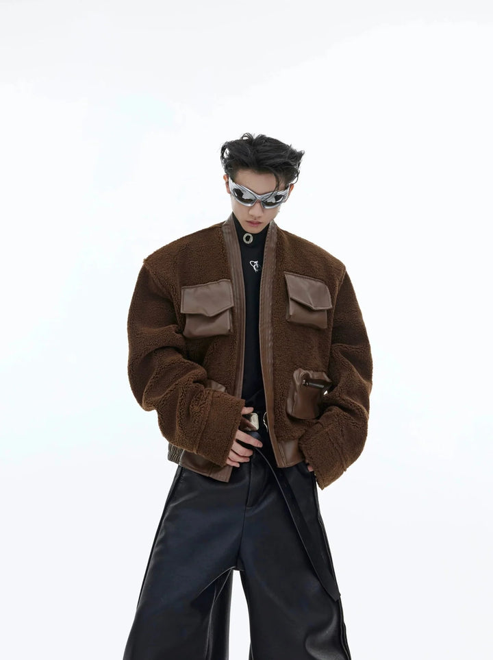 Deconstructed Retro Sherpa Jacket | Chinese Collar Woolen Cardigan with 3D Pockets - ArguE CulturE