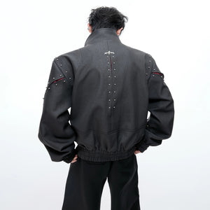 Front view of gray deconstructed rivet stand collar jacket