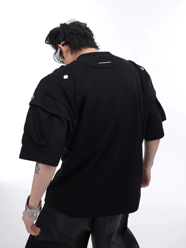 Deconstructed Shoulder Pad Pleated T - Shirt with Metallic Embellish - ArguE CulturE