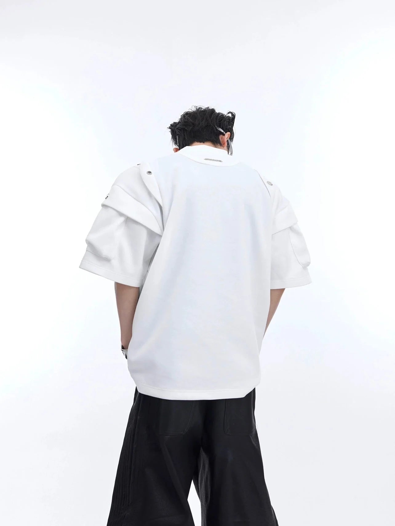 Deconstructed Shoulder Pad Pleated T - Shirt with Metallic Embellish - ArguE CulturE
