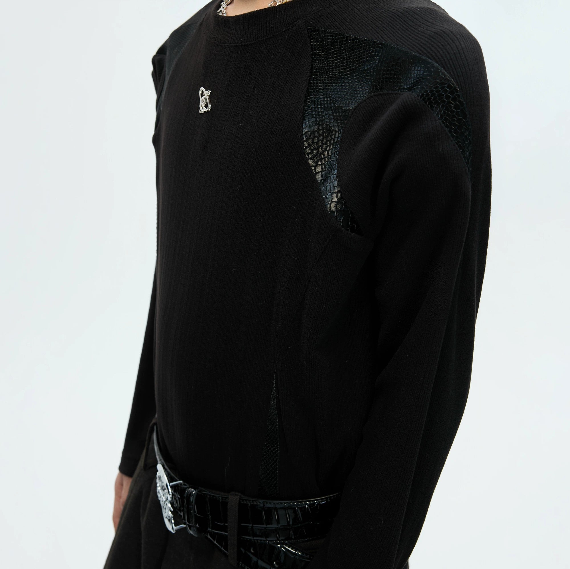 White ribbed long sleeve shirt with genuine leather shoulder accents