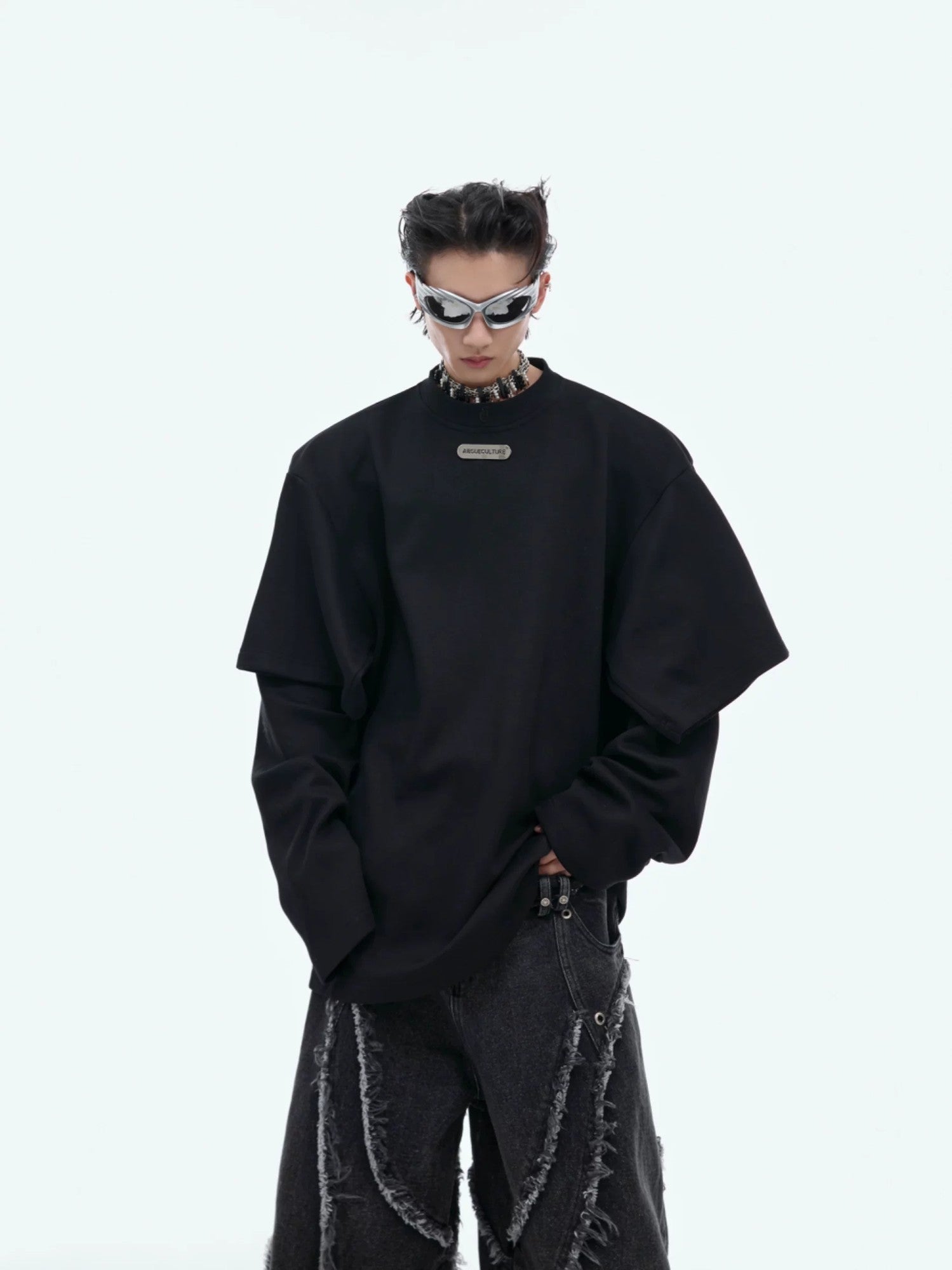 Black deconstructed spliced double-layer crewneck sweatshirt front view
