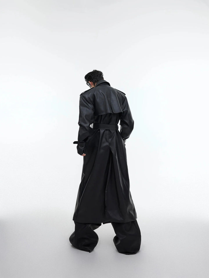 Deconstructed Split Shoulder Pad Faux Leather Coat | Structured Long Over - Knee Trench - ArguE CulturE