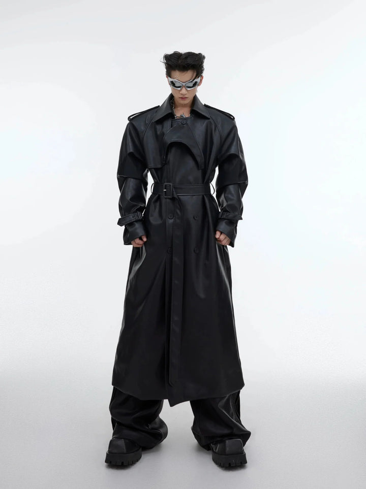 Deconstructed Split Shoulder Pad Faux Leather Coat | Structured Long Over - Knee Trench - ArguE CulturE