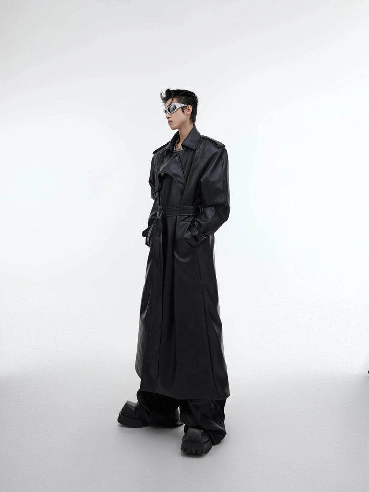 Deconstructed Split Shoulder Pad Faux Leather Coat | Structured Long Over - Knee Trench - ArguE CulturE