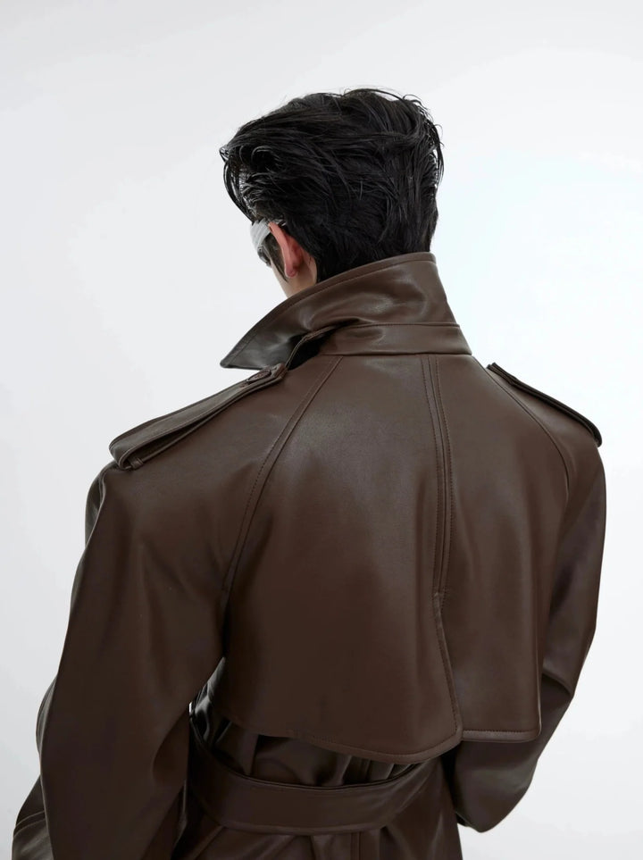 Deconstructed Split Shoulder Pad Faux Leather Coat | Structured Long Over - Knee Trench - ArguE CulturE