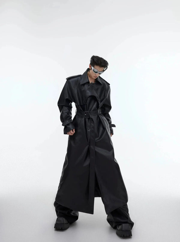 Deconstructed Split Shoulder Pad Faux Leather Coat | Structured Long Over - Knee Trench - ArguE CulturE