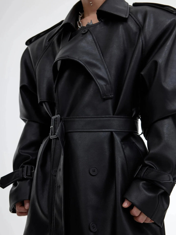 Deconstructed Split Shoulder Pad Faux Leather Coat | Structured Long Over - Knee Trench - ArguE CulturE