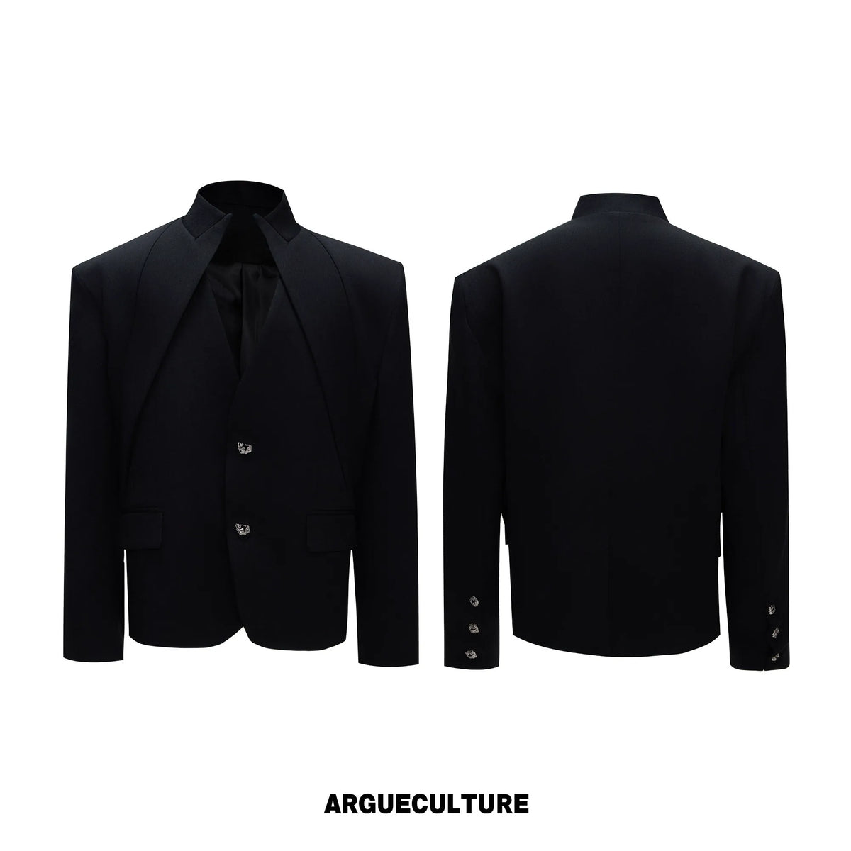 Deconstructed Stand-Collar Blazer and Trousers - Black Top