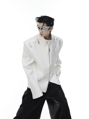 Front view of black deconstructed streetwear jacket with metal airplane buckles