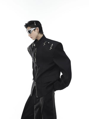Back view of the loose fit deconstructed jacket showing clean silhouette