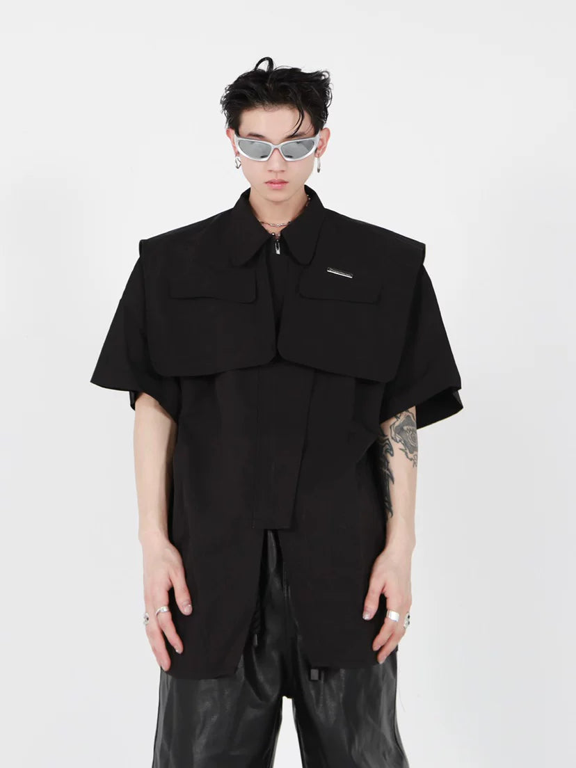 deconstructed-streetwear-jacket-short-sleeve-metal-cardigan-black
