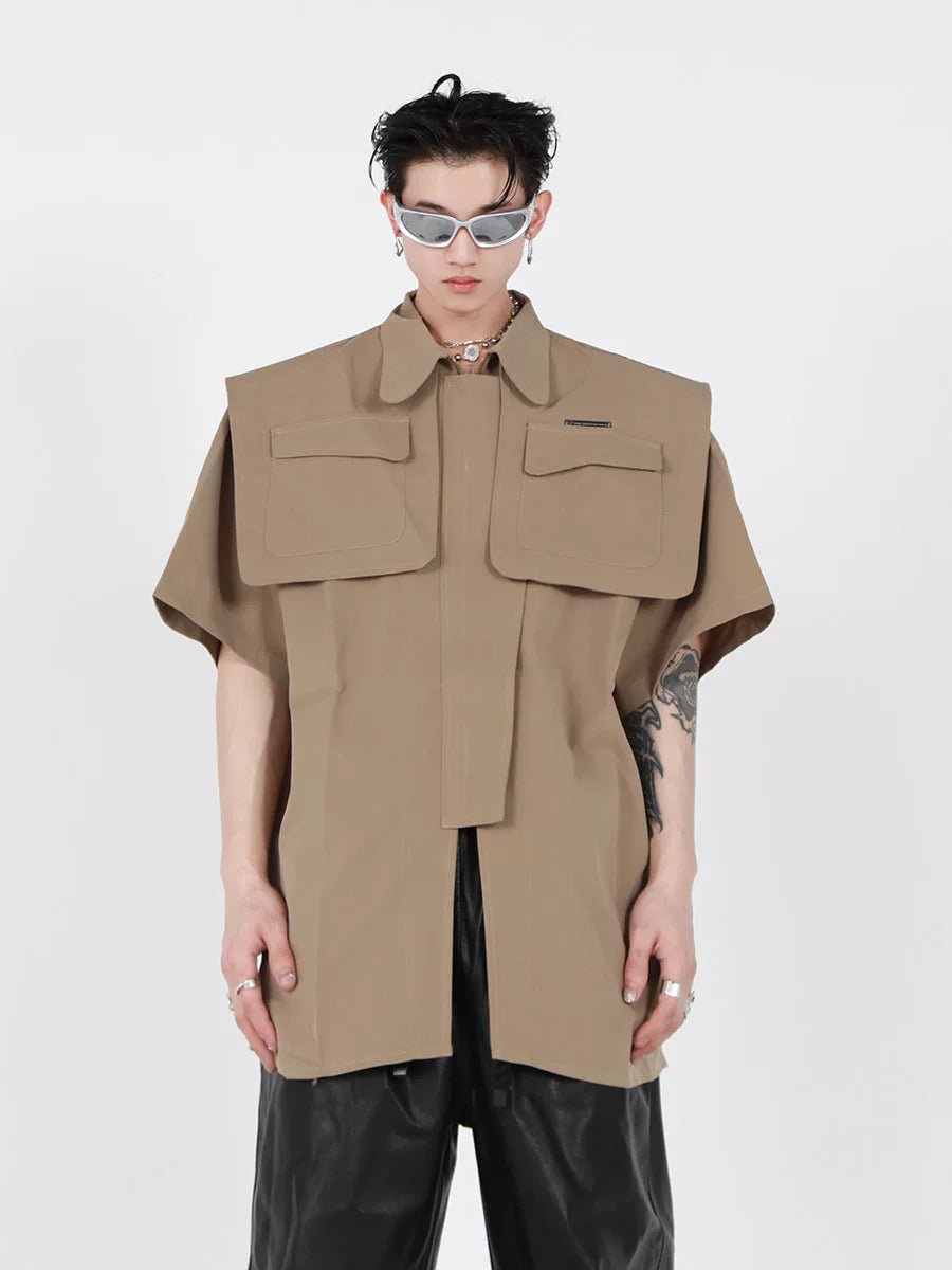 deconstructed-streetwear-jacket-short-sleeve-metal-cardigan-khaki