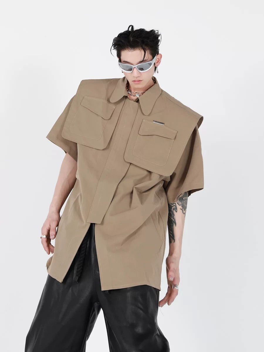 Model wearing loose fit deconstructed cardigan in urban setting