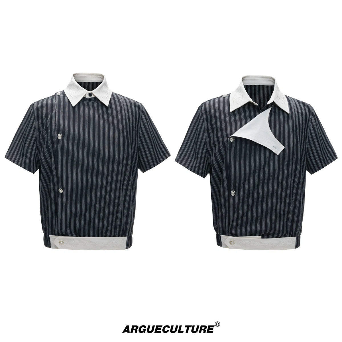 Deconstructed Striped Shirt & Pants With Embroidery - Black Top
