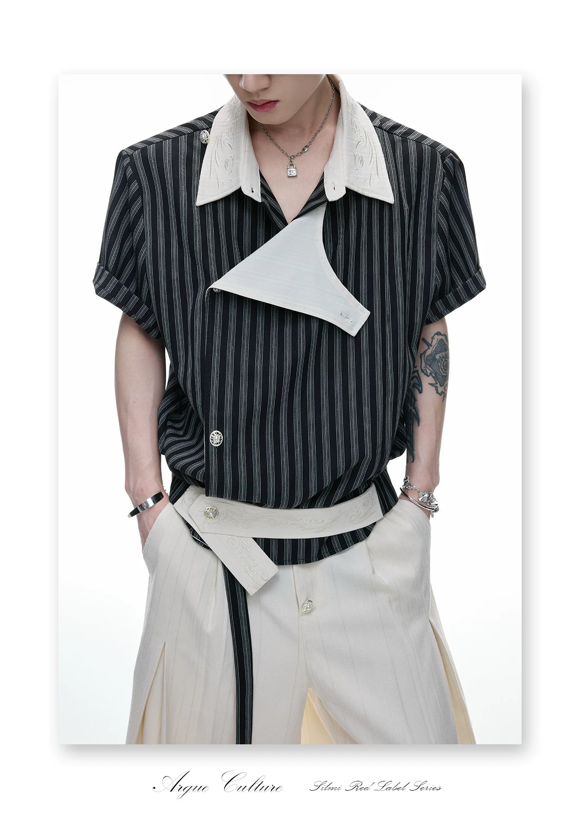 Deconstructed Striped Shirt & Pants With Embroidery - detail image 4
