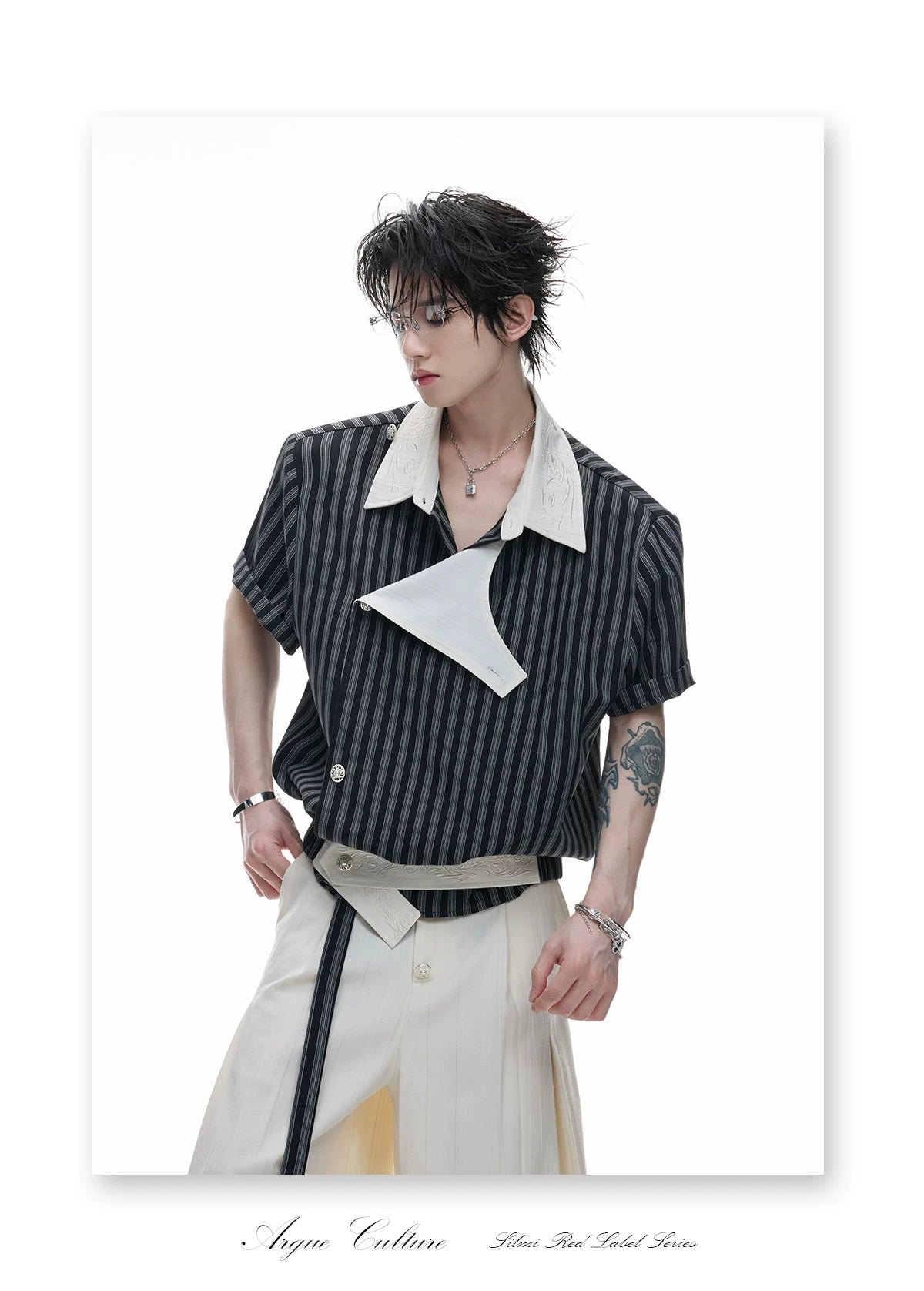 Deconstructed Striped Shirt & Pants With Embroidery - detail image 3