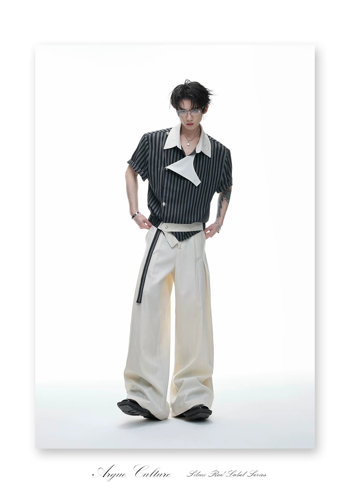 Deconstructed Striped Shirt & Pants With Embroidery - detail image 7