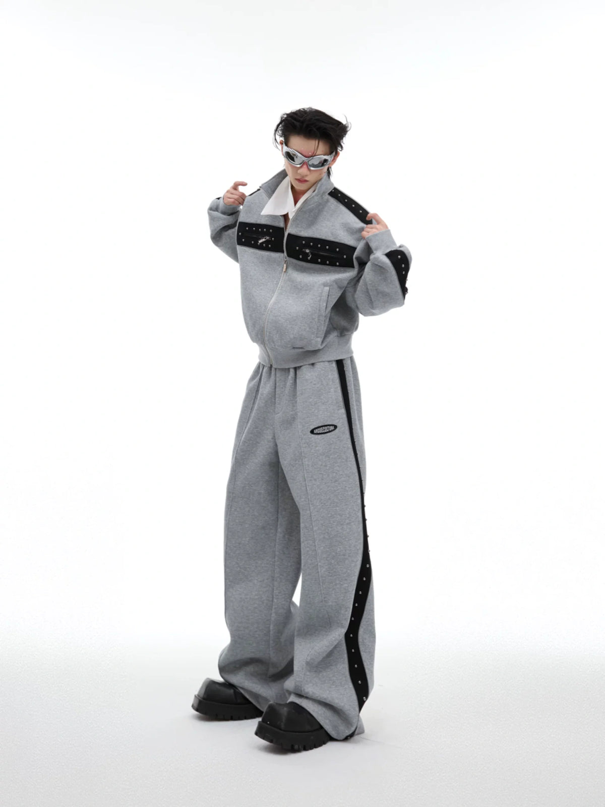 Deconstructed Stud Zip Jacket & Relaxed Pants Set - main image 1