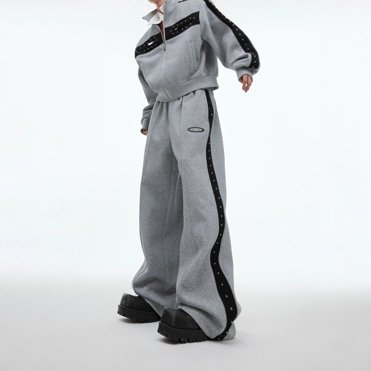 Deconstructed Stud Zip Jacket & Relaxed Pants Set - Stud Gray Pants