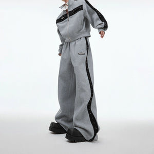 Deconstructed Stud Zip Jacket & Relaxed Pants Set - Stud Gray Pants