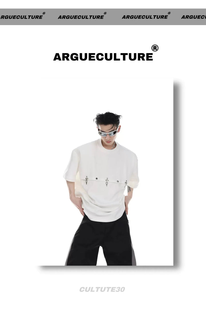 Deconstructed T - Shirt with Metal Airplane Buckle & Shoulder Pads - ArguE CulturE