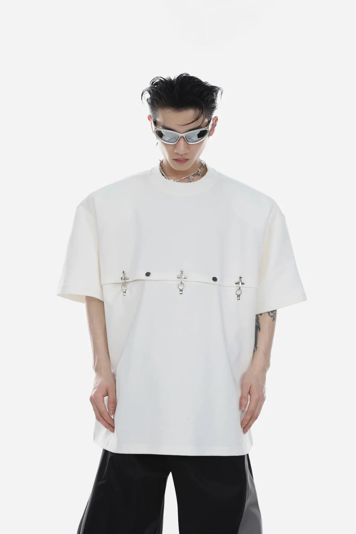 Deconstructed T - Shirt with Metal Airplane Buckle & Shoulder Pads - ArguE CulturE