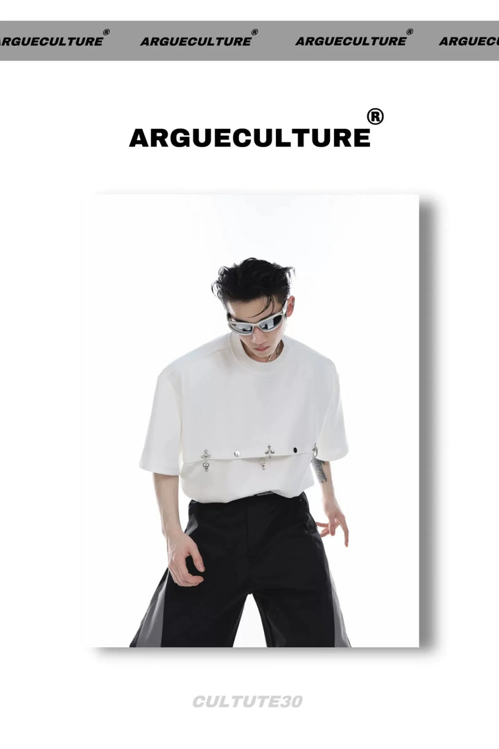 Deconstructed T - Shirt with Metal Airplane Buckle & Shoulder Pads - ArguE CulturE