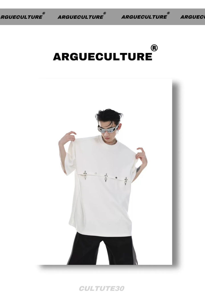 Deconstructed T - Shirt with Metal Airplane Buckle & Shoulder Pads - ArguE CulturE