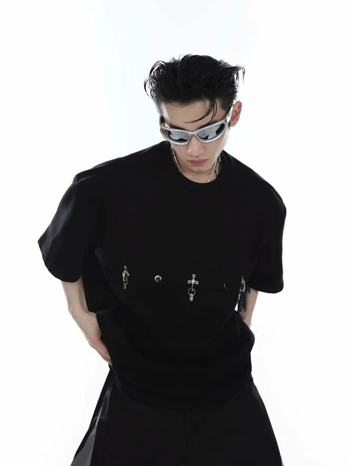 Deconstructed T - Shirt with Metal Airplane Buckle & Shoulder Pads - ArguE CulturE