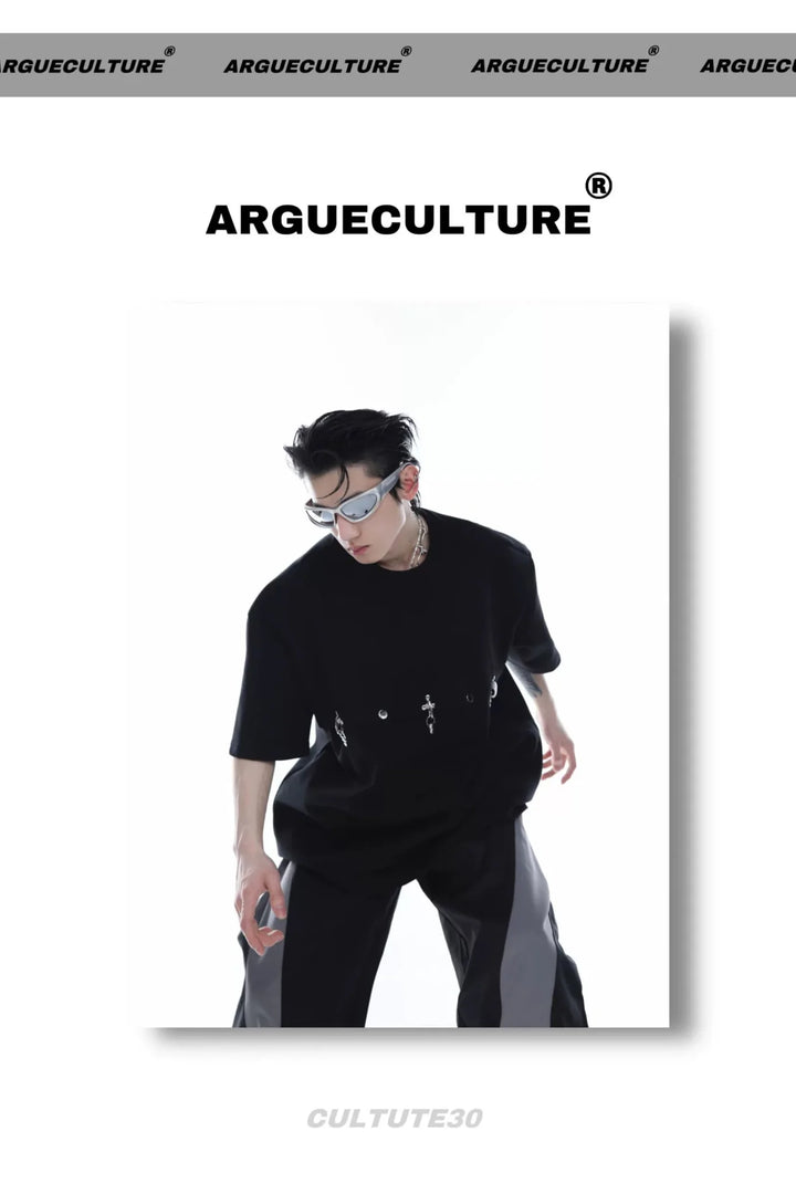 Deconstructed T - Shirt with Metal Airplane Buckle & Shoulder Pads - ArguE CulturE