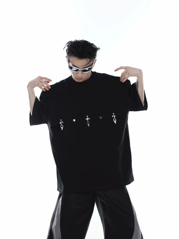 Deconstructed T - Shirt with Metal Airplane Buckle & Shoulder Pads - ArguE CulturE