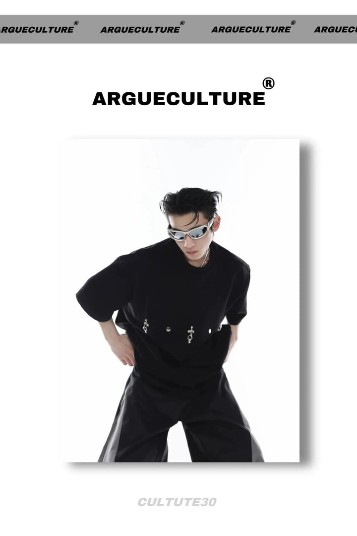 Deconstructed T - Shirt with Metal Airplane Buckle & Shoulder Pads - ArguE CulturE