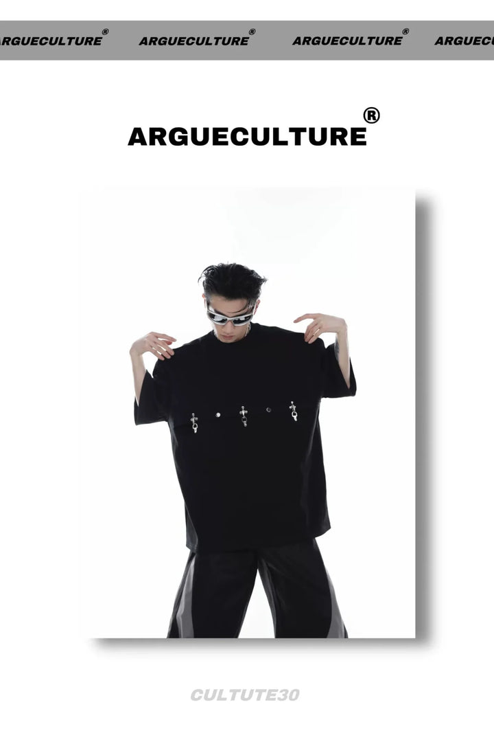 Deconstructed T - Shirt with Metal Airplane Buckle & Shoulder Pads - ArguE CulturE