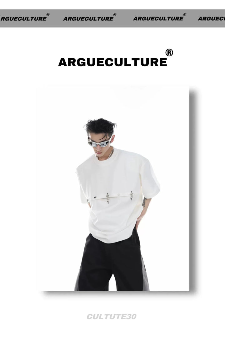 Deconstructed T - Shirt with Metal Airplane Buckle & Shoulder Pads - ArguE CulturE