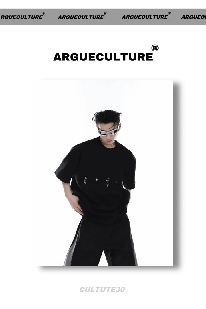 Deconstructed T - Shirt with Metal Airplane Buckle & Shoulder Pads - ArguE CulturE