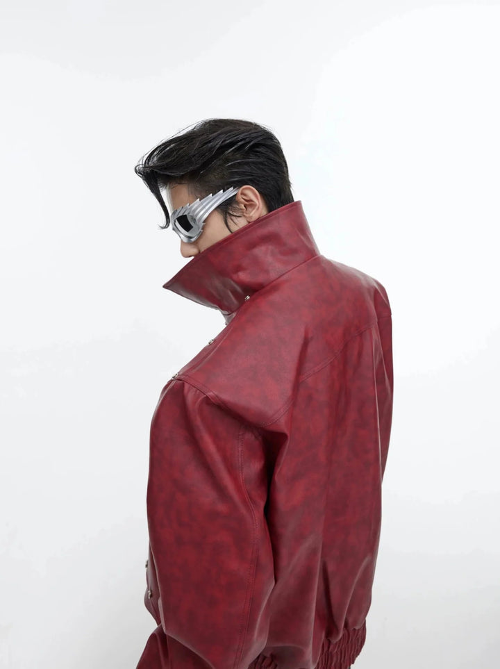 Deconstructed Tie - Dye Red Faux Leather Jacket | Detachable Design Coat with Metal Buttons - ArguE CulturE