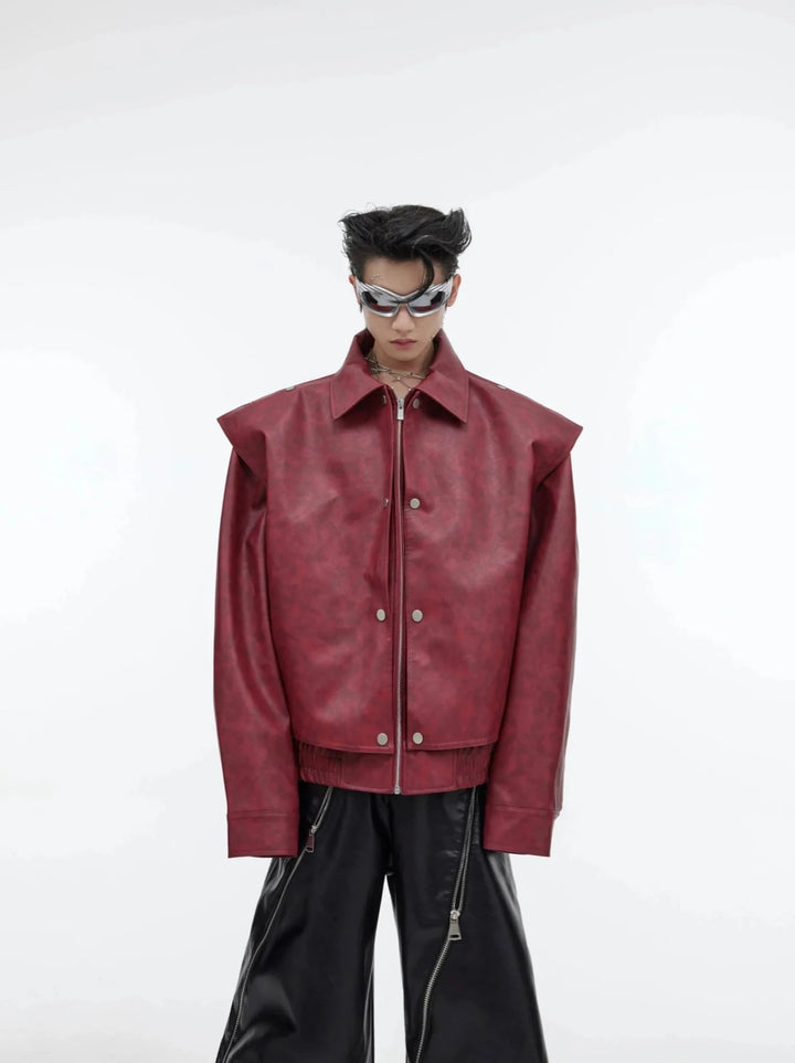 Deconstructed Tie - Dye Red Faux Leather Jacket | Detachable Design Coat with Metal Buttons - ArguE CulturE