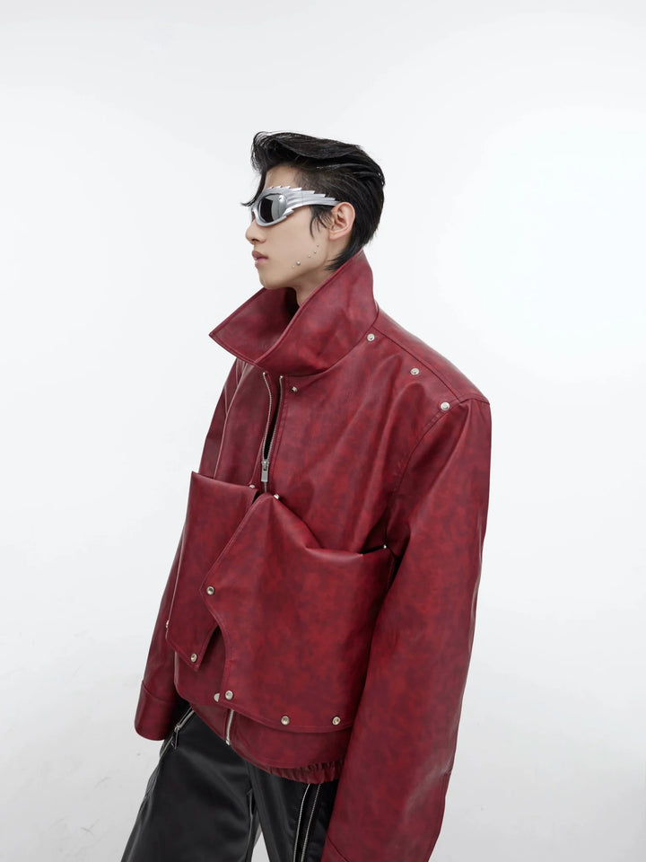 Deconstructed Tie - Dye Red Faux Leather Jacket | Detachable Design Coat with Metal Buttons - ArguE CulturE