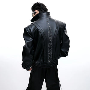 Front view of deconstructed vine embroidered cropped leather jacket in black