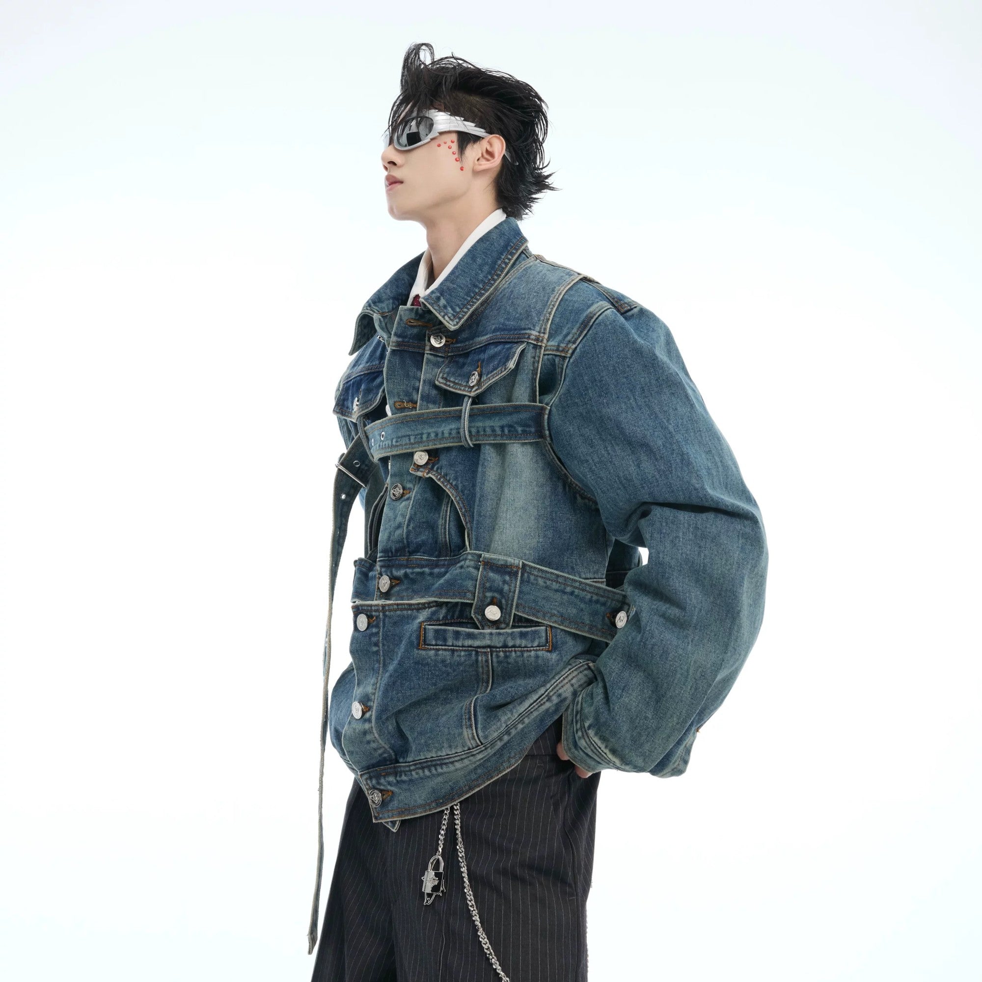 Blue distressed washed denim jacket streetwear styling