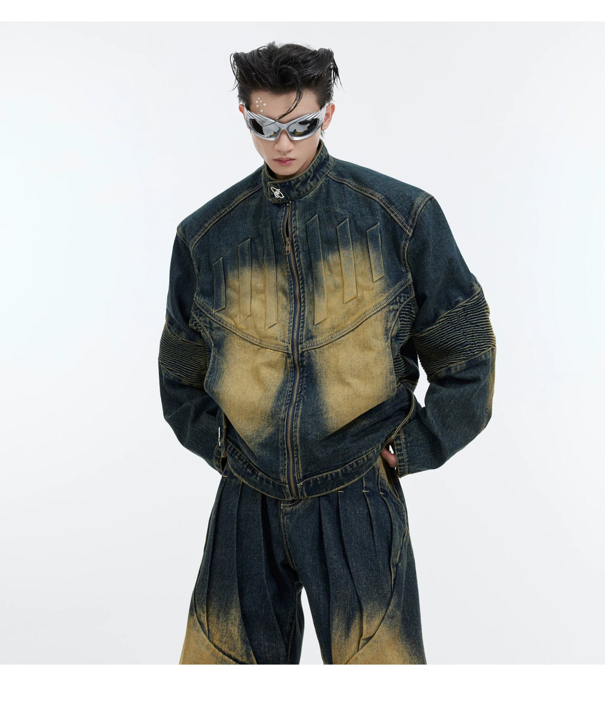 Deconstructed Washed Denim Jacket and Pants | Black, Blue - detail image 14