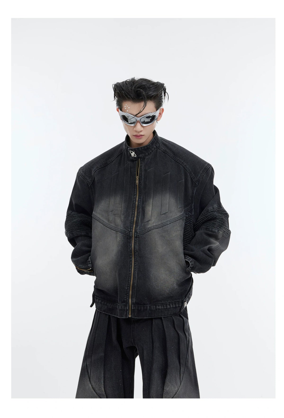 Deconstructed Washed Denim Jacket and Pants | Black, Blue - detail image 7