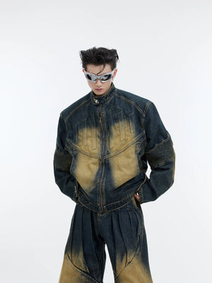 Deconstructed Washed Denim Jacket and Pants | Black, Blue - Washed Blue Top