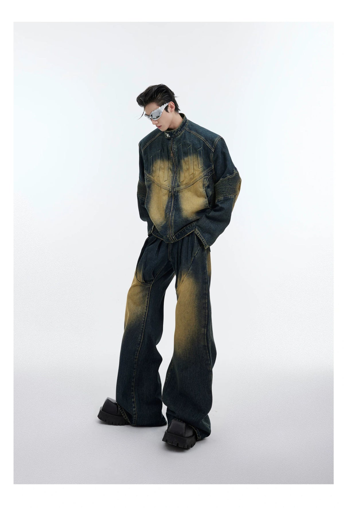 Deconstructed Washed Denim Jacket and Pants | Black, Blue - detail image 12