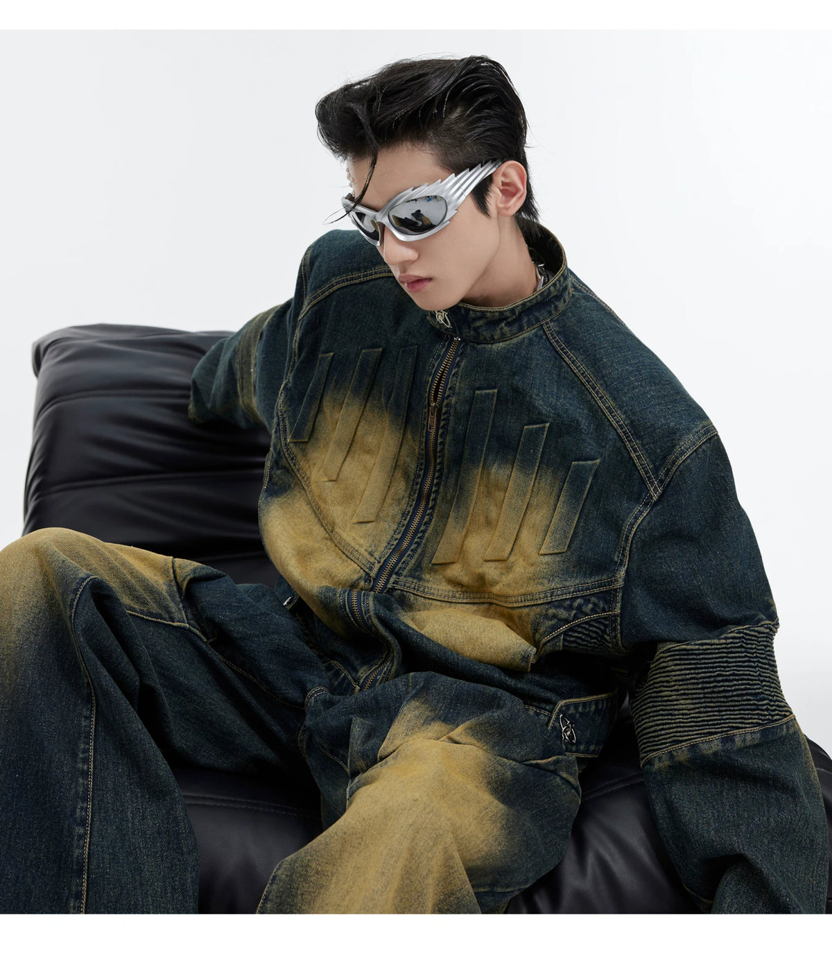Deconstructed Washed Denim Jacket and Pants | Black, Blue - detail image 9