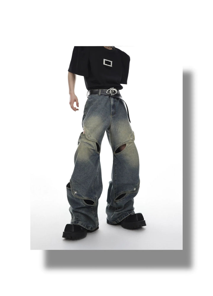 Deconstructed Washed Wide - Leg Jeans with Cut - Out - Distressed - ArguE CulturE